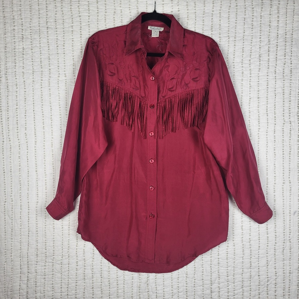 Gallagher Western Shirt Women S Red Silk Fringe Embroidered Cowgirl Boho Chic